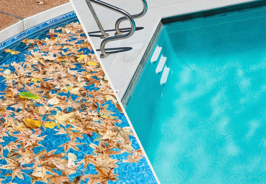 Contrast between dirty leafy pool and clean pool, if you use a pool leaf catcher you pool could look like the pool on the right rather than the left