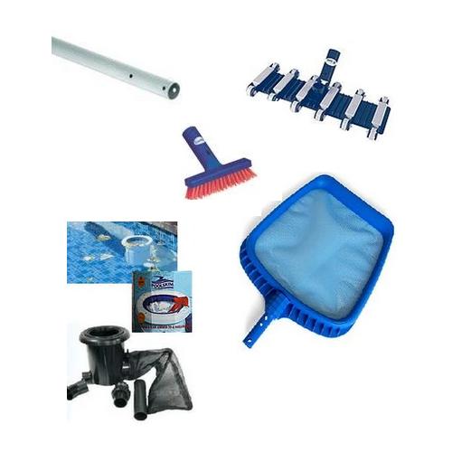 Swimming pool cleaning equipment prices - Pool brushes, Poolskim and Pool skim bags, 8 Wheel sweepers, leaf skimmers, mosaic brushes etc.