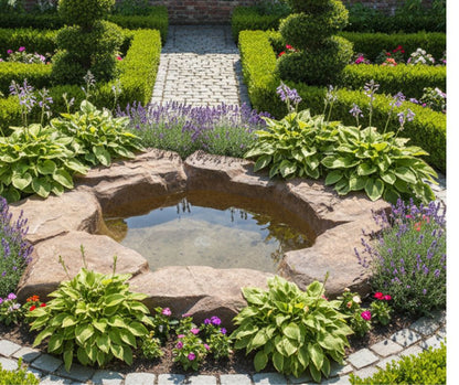 Artificial natural water feature with this small fibreglass garden pond situated in formal garden.
