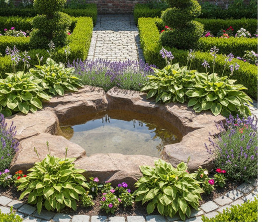 Artificial natural water feature with this small fibreglass garden pond situated in formal garden.