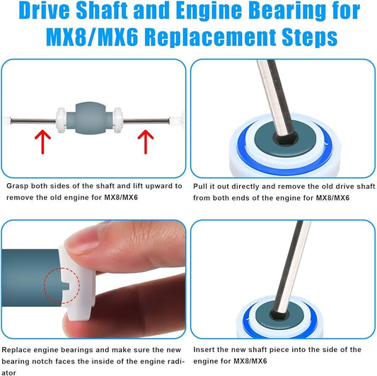 Step-by-step guide for replacing drive shaft and engine bearing for MX8/MX6 with text instructions.