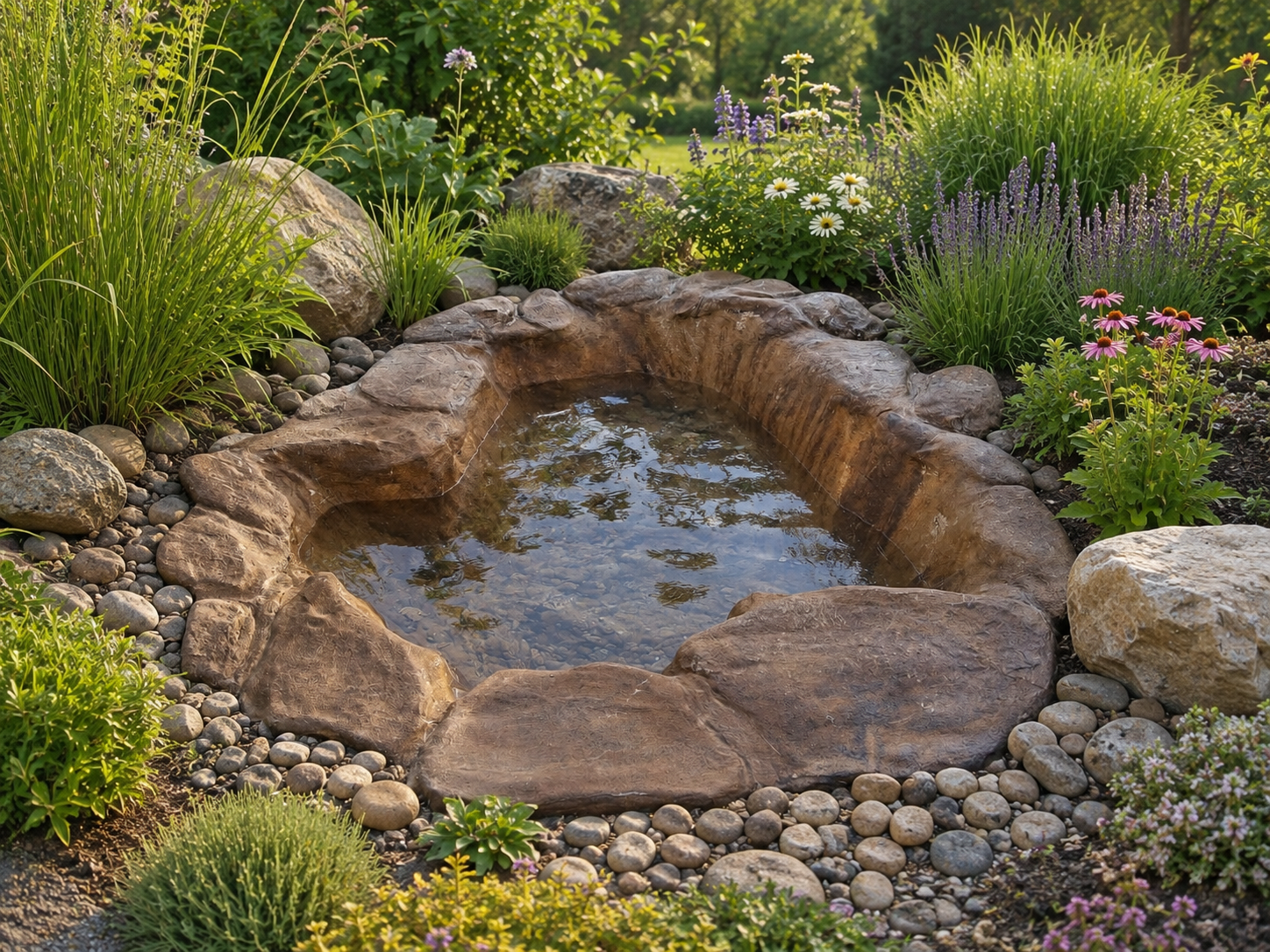 Hippo Pond fibreglass garden pond surrounded by plants and rocks in a garden setting