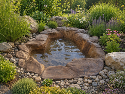 Hippo Pond fibreglass garden pond surrounded by plants and rocks in a garden setting