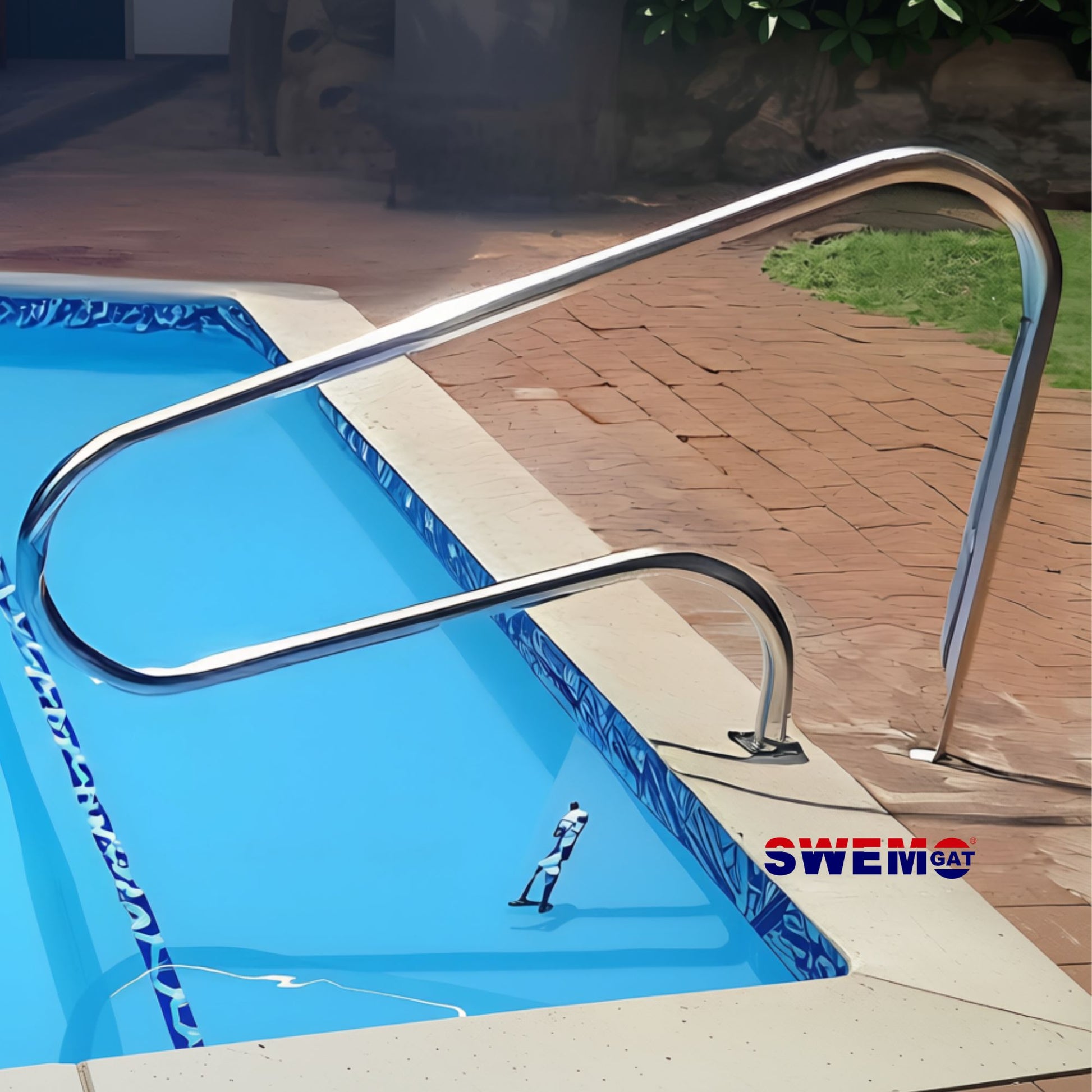 Stainless-steel swimming pool access grab rail helping older adults enter and exit a pool
